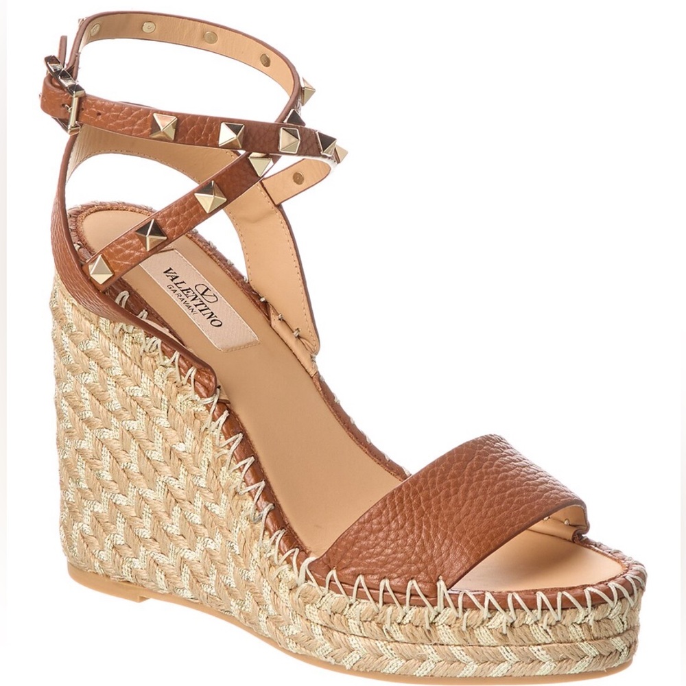 100% AUTHENTIC | Rockstud 125 Grainy Leather Wedge Espadrille